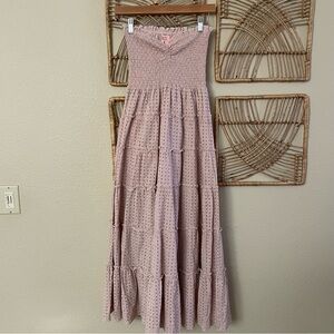 Muse Eyelet‎ Tiered Maxi Dress Smocked Bodice Beachy Boho Pink Lined Sz M B11